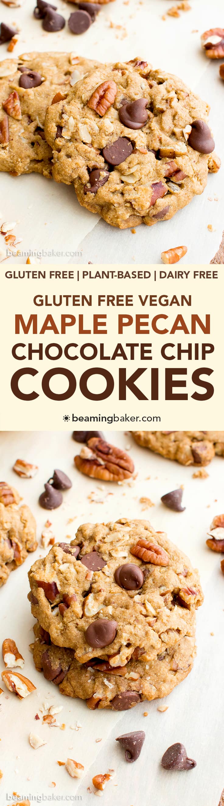 Maple Pecan Chocolate Chip Cookies (V, GF, DF): an easy recipe for deliciously soft and chewy oat flour chocolate chip cookies bursting with maple and pecans. #Vegan #GlutenFree #DairyFree #OatFlour | BeamingBaker.com