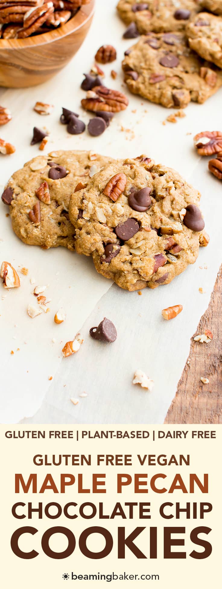 Maple Pecan Chocolate Chip Cookies (V, GF, DF): an easy recipe for deliciously soft and chewy oat flour chocolate chip cookies bursting with maple and pecans. #Vegan #GlutenFree #DairyFree #OatFlour | BeamingBaker.com