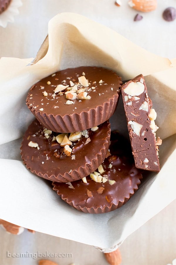 Paleo Chocolate Almond Butter Fudge Cups (V, GF, DF, Paleo): a 3-ingredient recipe for decadently rich almond butter fudge cups packed with almond crunch. #Paleo #Vegan #GlutenFree #DairyFree | BeamingBaker.com