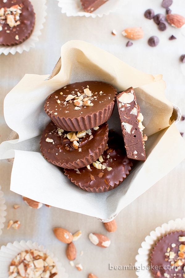 Paleo Chocolate Almond Butter Fudge Cups (V, GF, DF, Paleo): a 3-ingredient recipe for decadently rich almond butter fudge cups packed with almond crunch. #Paleo #Vegan #GlutenFree #DairyFree | BeamingBaker.com