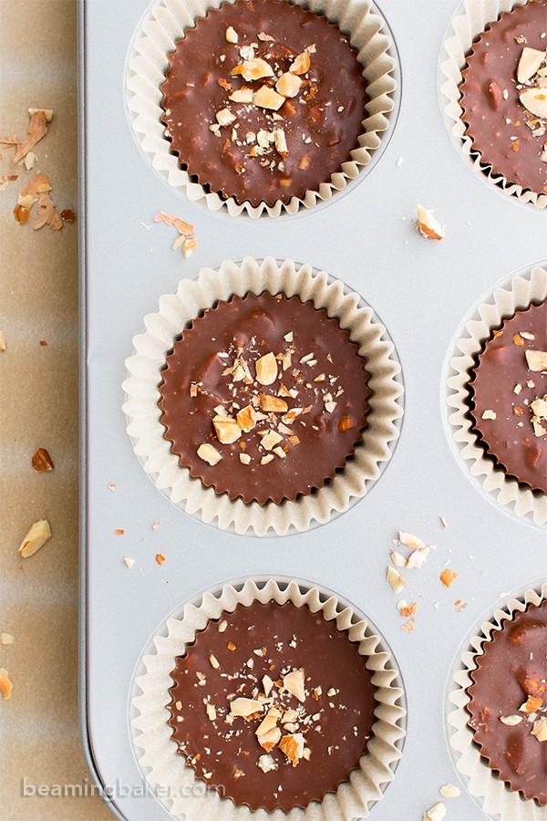 Paleo Chocolate Almond Butter Fudge Cups (V, GF, DF, Paleo): a 3-ingredient recipe for decadently rich almond butter fudge cups packed with almond crunch. #Paleo #Vegan #GlutenFree #DairyFree | BeamingBaker.com