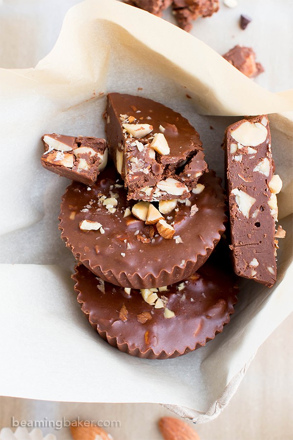 Paleo Chocolate Almond Butter Fudge Cups (V, GF, DF, Paleo): a 3-ingredient recipe for decadently rich almond butter fudge cups packed with almond crunch. #Paleo #Vegan #GlutenFree #DairyFree | BeamingBaker.com