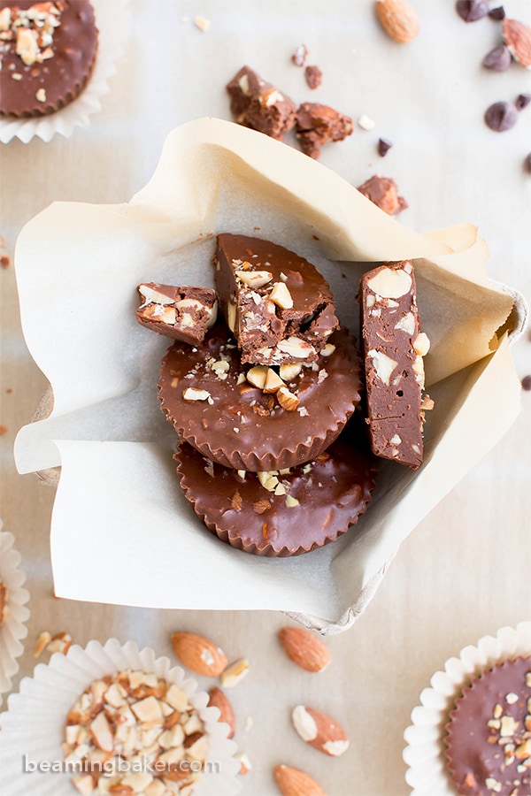 Paleo Chocolate Almond Butter Fudge Cups (V, GF, DF, Paleo): a 3-ingredient recipe for decadently rich almond butter fudge cups packed with almond crunch. #Paleo #Vegan #GlutenFree #DairyFree | BeamingBaker.com