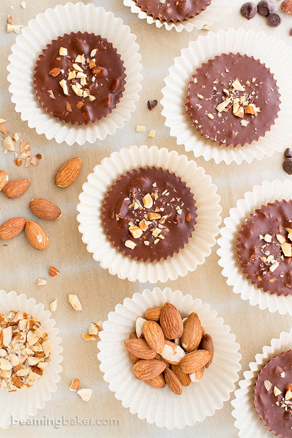 Paleo Chocolate Almond Butter Fudge Cups (V, GF, DF, Paleo): a 3-ingredient recipe for decadently rich almond butter fudge cups packed with almond crunch. #Paleo #Vegan #GlutenFree #DairyFree | BeamingBaker.com