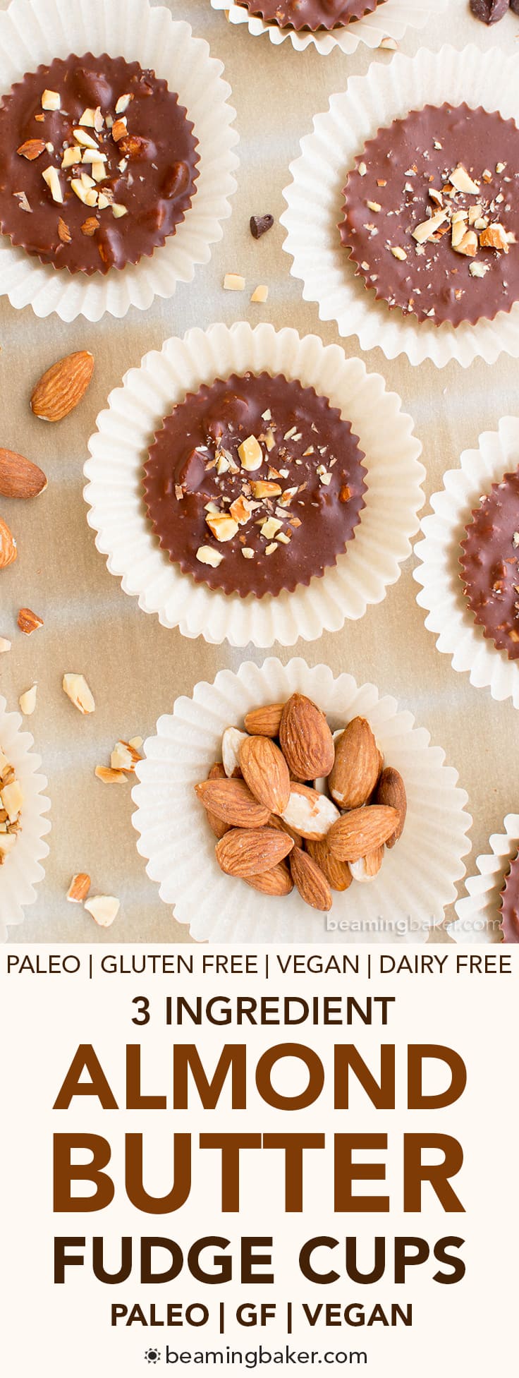 Paleo Chocolate Almond Butter Fudge Cups (V, GF, DF, Paleo): a 3-ingredient recipe for decadently rich almond butter fudge cups packed with almond crunch. #Paleo #Vegan #GlutenFree #DairyFree | BeamingBaker.com