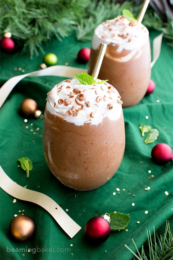 Vegan Peppermint Mocha Frappuccino (Paleo, V, GF, DF): an easy, whole ingredient recipe for minty, thick and chocolatey peppermint mocha frappes! #Vegan #Paleo #GlutenFree #DairyFree | BeamingBaker.com