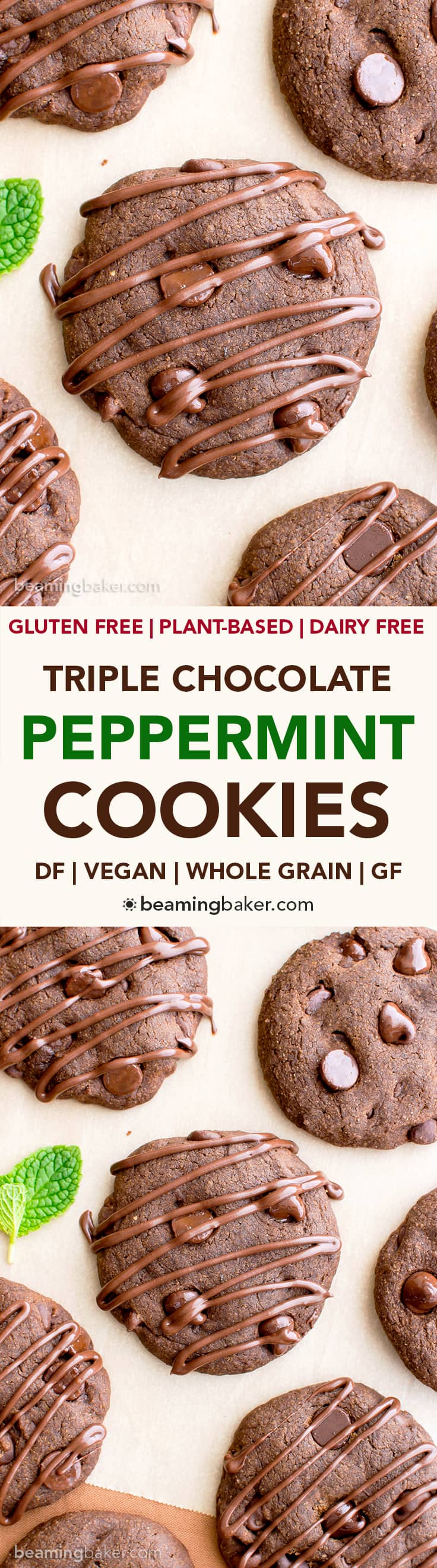 Vegan Triple Chocolate Peppermint Cookies (V, GF, DF): an easy recipe for decadent, soft-baked peppermint cookies bursting with chocolate. #Vegan #GlutenFree #DairyFree #OatFlour | BeamingBaker.com