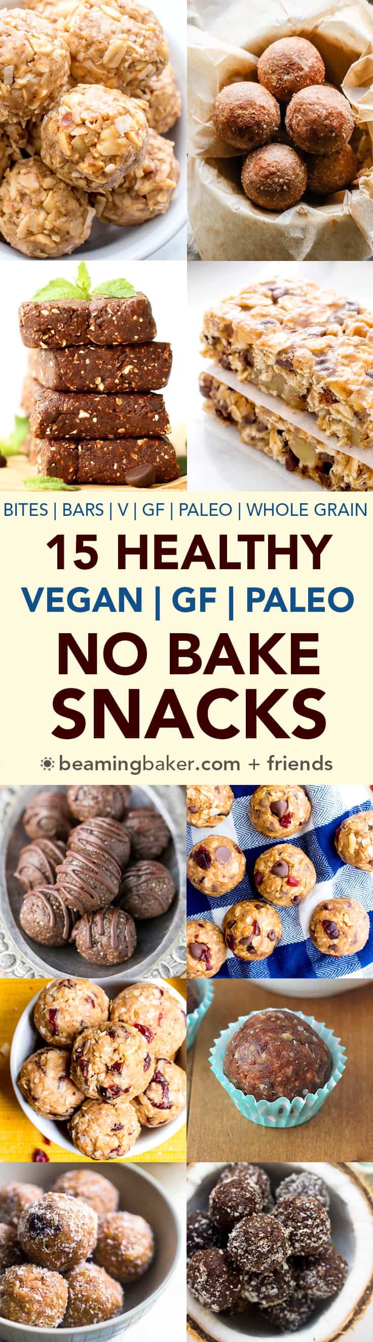 15 Healthy Gluten Free Vegan No Bake Snacks: a tasty collection of 15 easy, no bake recipes for gluten free vegan snacks that are good for ya! #Vegan #GlutenFree #Paleo #DairyFree | BeamingBaker.com