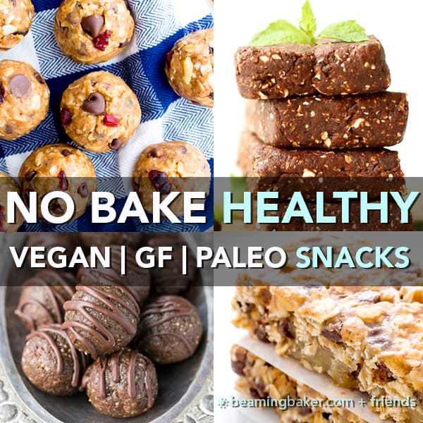 15 Healthy Gluten Free Vegan No Bake Snacks: a tasty collection of 15 easy, no bake recipes for gluten free vegan snacks that are good for ya! #Vegan #GlutenFree #Paleo #DairyFree | BeamingBaker.com