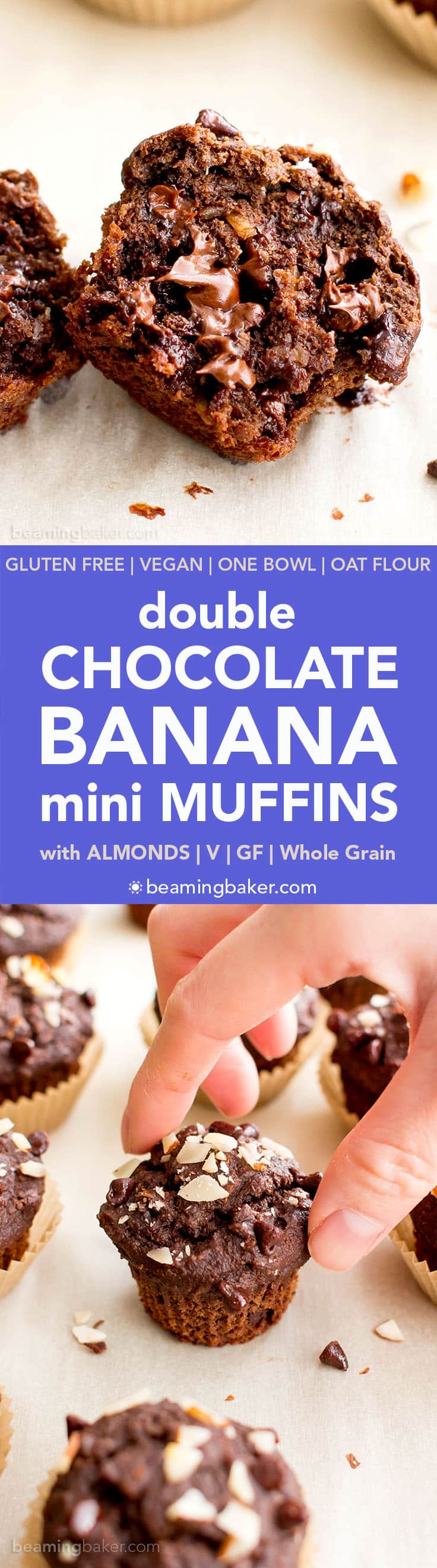 Double Chocolate Banana Almond Mini Muffins (V, GF, DF): a one bowl recipe for perfectly moist chocolate banana mini muffins made with oat flour and almonds. #Vegan #GlutenFree #DairyFree #OatFlour | BeamingBaker.com