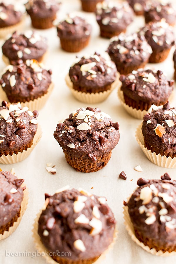 Double Chocolate Banana Almond Mini Muffins (V, GF, DF): a one bowl recipe for perfectly moist chocolate banana mini muffins made with oat flour and almonds. #Vegan #GlutenFree #DairyFree #OatFlour | BeamingBaker.com