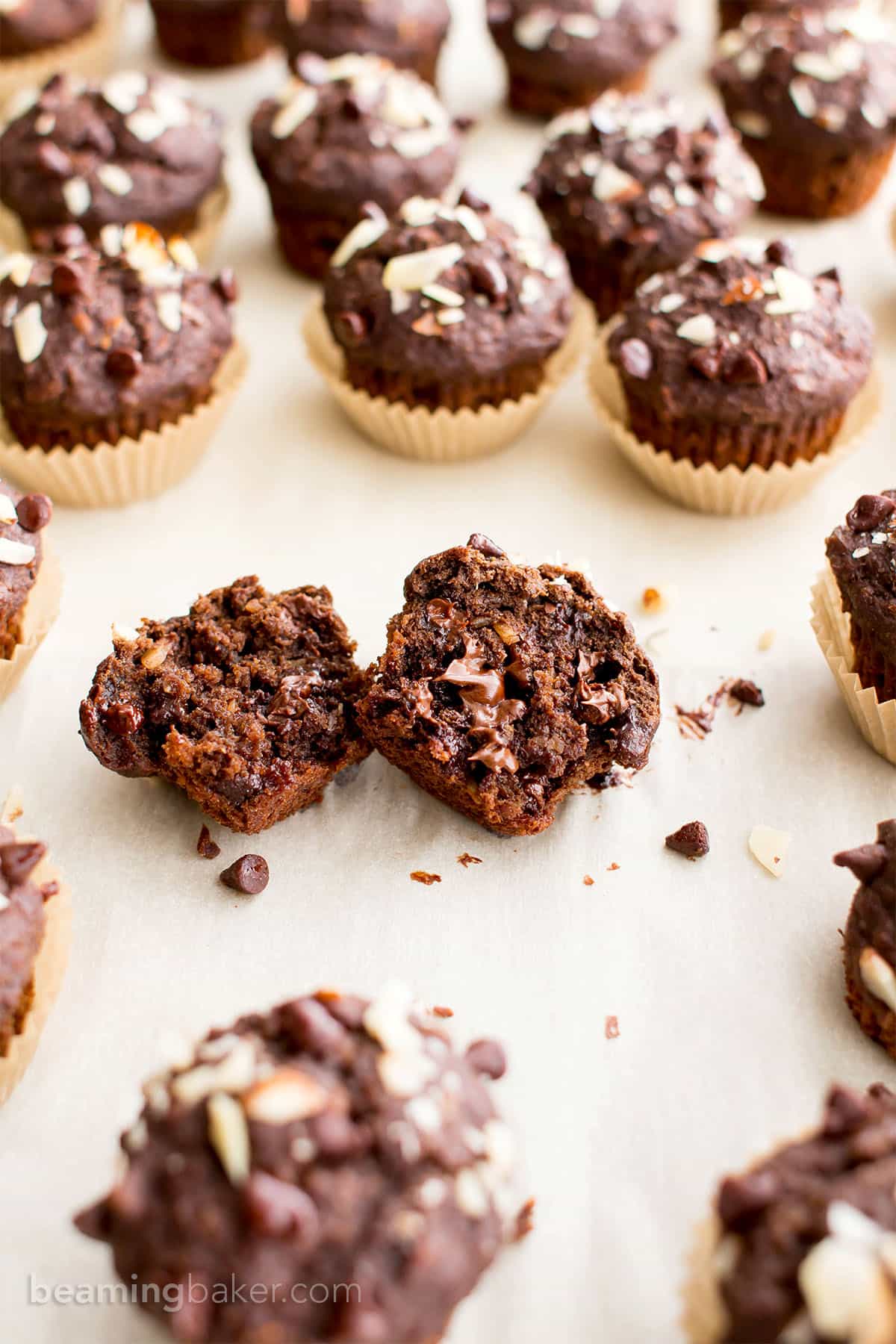 Double Chocolate Banana Almond Mini Muffins (V, GF, DF): a one bowl recipe for perfectly moist chocolate banana mini muffins made with oat flour and almonds. #Vegan #GlutenFree #DairyFree #OatFlour | BeamingBaker.com