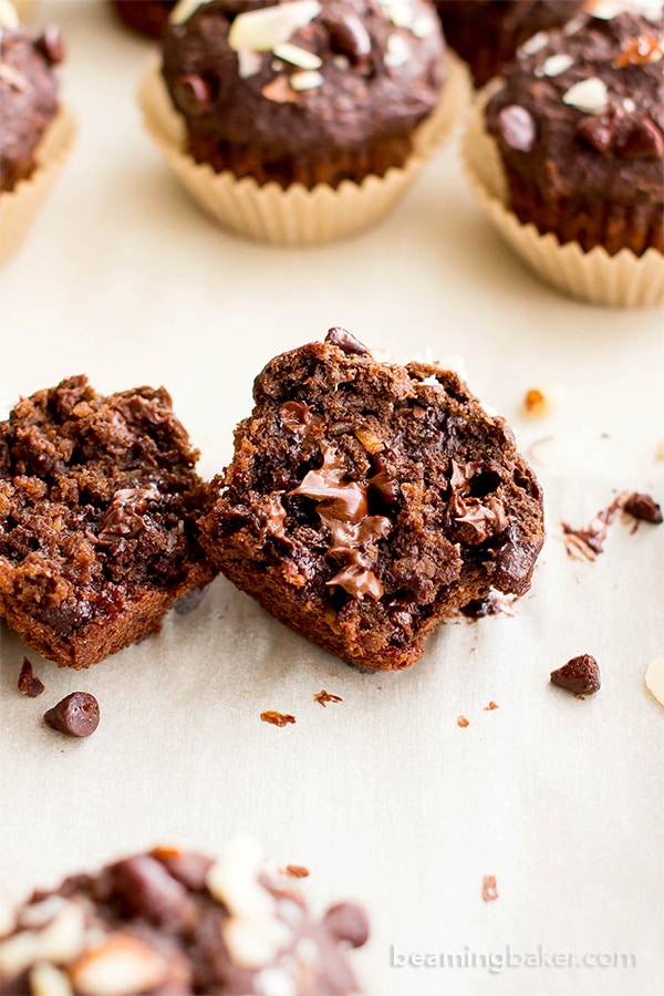 Double Chocolate Banana Almond Mini Muffins (V, GF, DF): a one bowl recipe for perfectly moist chocolate banana mini muffins made with oat flour and almonds. #Vegan #GlutenFree #DairyFree #OatFlour | BeamingBaker.com