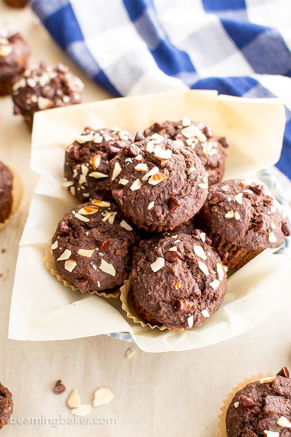 Double Chocolate Banana Almond Mini Muffins (V, GF, DF): a one bowl recipe for perfectly moist chocolate banana mini muffins made with oat flour and almonds. #Vegan #GlutenFree #DairyFree #OatFlour | BeamingBaker.com