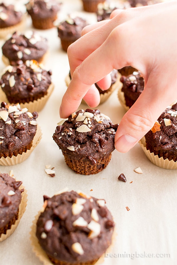 Double Chocolate Banana Almond Mini Muffins (V, GF, DF): a one bowl recipe for perfectly moist chocolate banana mini muffins made with oat flour and almonds. #Vegan #GlutenFree #DairyFree #OatFlour | BeamingBaker.com