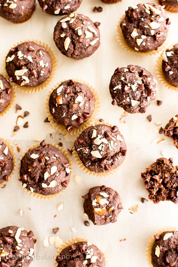 Double Chocolate Banana Almond Mini Muffins (V, GF, DF): a one bowl recipe for perfectly moist chocolate banana mini muffins made with oat flour and almonds. #Vegan #GlutenFree #DairyFree #OatFlour | BeamingBaker.com