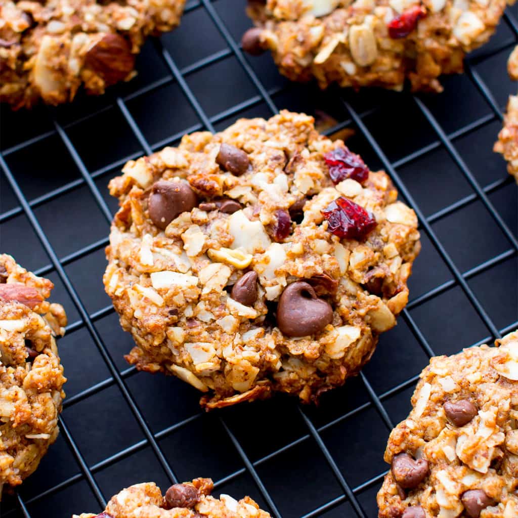 Dark Chocolate Almond Coconut Trail Mix Cookies (V, GF, DF): an easy recipe for deliciously textured chewy trail mix cookies bursting with chocolate, almond and coconut. #Vegan #GlutenFree #DairyFree #OatFlour | BeamingBaker.com