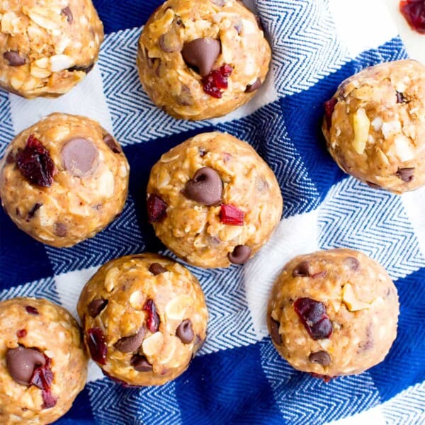 No Bake Chocolate Chip Trail Mix Energy Bites (V, GF, DF): a one bowl recipe for protein-packed energy bites bursting with whole ingredients. #Vegan #GlutenFree #DairyFree | BeamingBaker.com