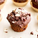 Double Chocolate Banana Almond Mini Muffins (V, GF, DF): a one bowl recipe for perfectly moist chocolate banana mini muffins made with oat flour and almonds. #Vegan #GlutenFree #DairyFree #OatFlour | BeamingBaker.com