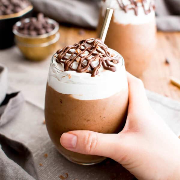 Paleo Mocha Frappe (V, GF, DF): a 4 ingredient recipe for deliciously thick, frosty mocha frappes made with simple ingredients. #Paleo #Vegan #GlutenFree #DairyFree | BeamingBaker.com