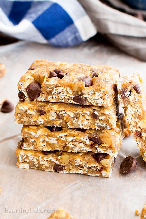 No Bake Almond Butter Chocolate Chip Cookie Dough Granola Bars (V, GF, DF): an easy one bowl recipe for soft and chewy no bake granola bars that taste like cookie dough. #Vegan #GlutenFree #DairyFree | BeamingBaker.com