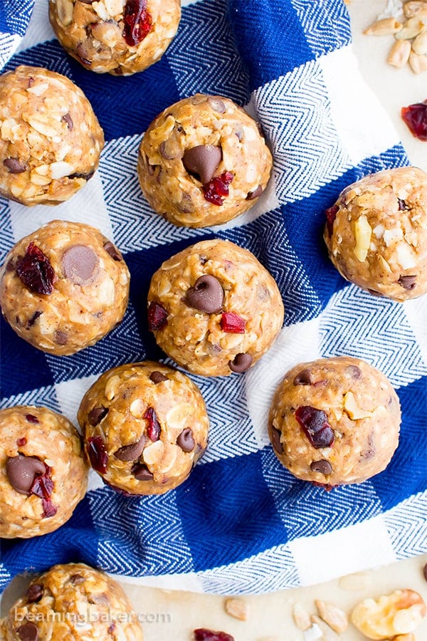 No Bake Chocolate Chip Trail Mix Energy Bites (V, GF, DF): a one bowl recipe for protein-packed energy bites bursting with whole ingredients. #Vegan #GlutenFree #DairyFree | BeamingBaker.com