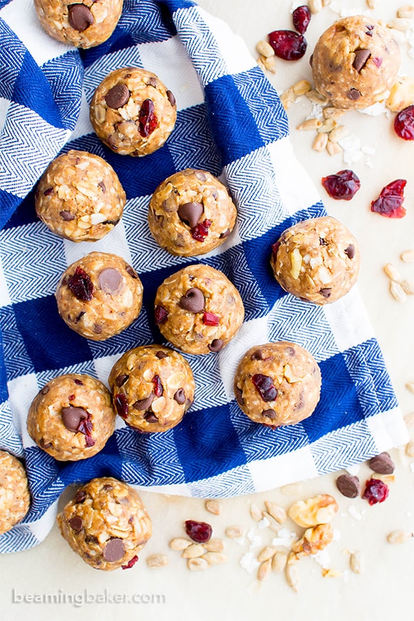 No Bake Chocolate Chip Trail Mix Energy Bites (V, GF, DF): a one bowl recipe for protein-packed energy bites bursting with whole ingredients. #Vegan #GlutenFree #DairyFree | BeamingBaker.com