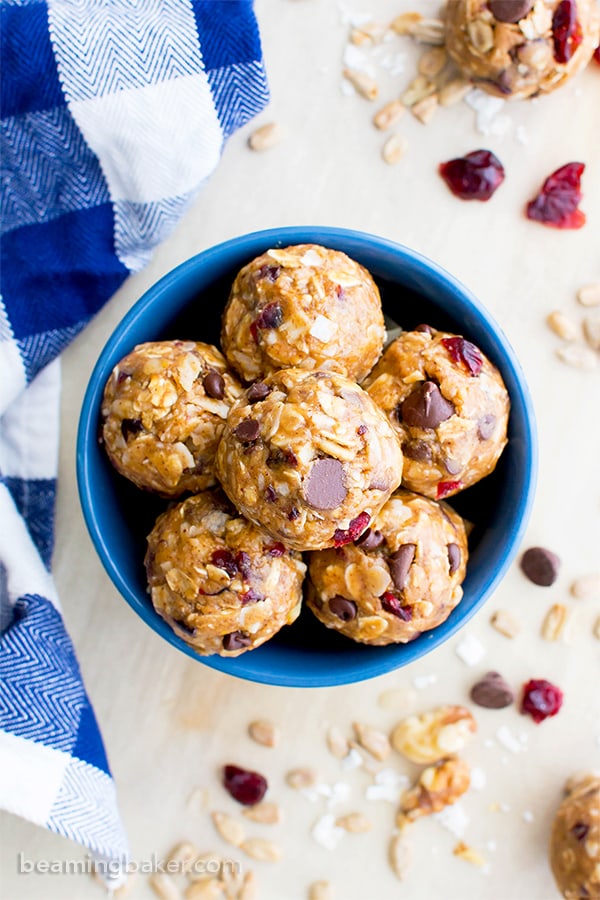 No Bake Chocolate Chip Trail Mix Energy Bites (V, GF, DF): a one bowl recipe for protein-packed energy bites bursting with whole ingredients. #Vegan #GlutenFree #DairyFree | BeamingBaker.com