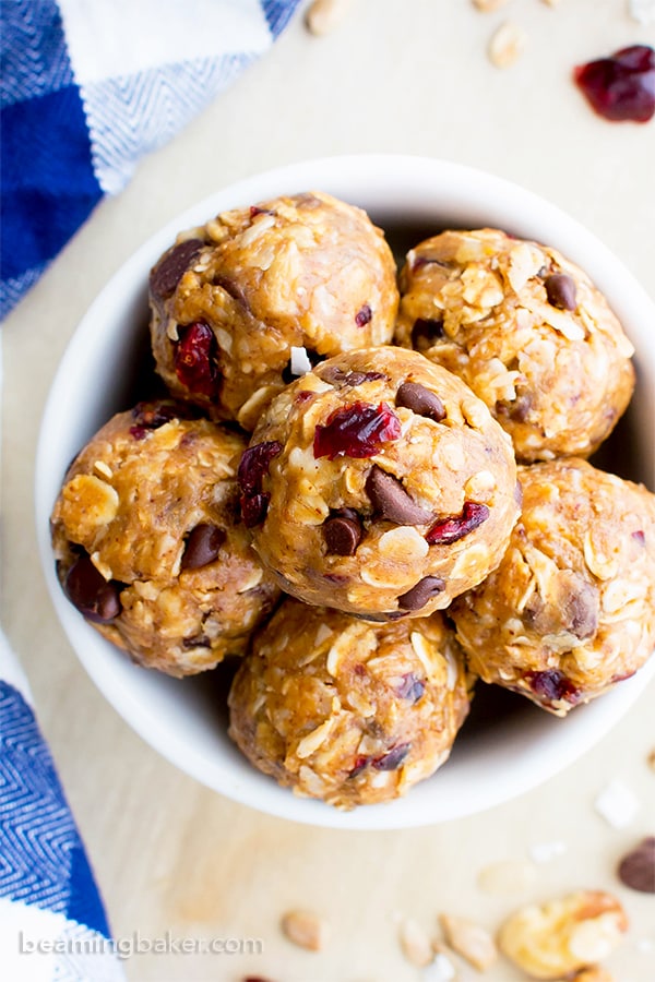 No Bake Chocolate Chip Trail Mix Energy Bites (V, GF, DF): a one bowl recipe for protein-packed energy bites bursting with whole ingredients. #Vegan #GlutenFree #DairyFree | BeamingBaker.com