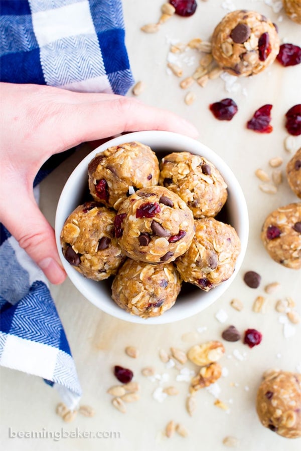 No Bake Chocolate Chip Trail Mix Energy Bites (V, GF, DF): a one bowl recipe for protein-packed energy bites bursting with whole ingredients. #Vegan #GlutenFree #DairyFree | BeamingBaker.com