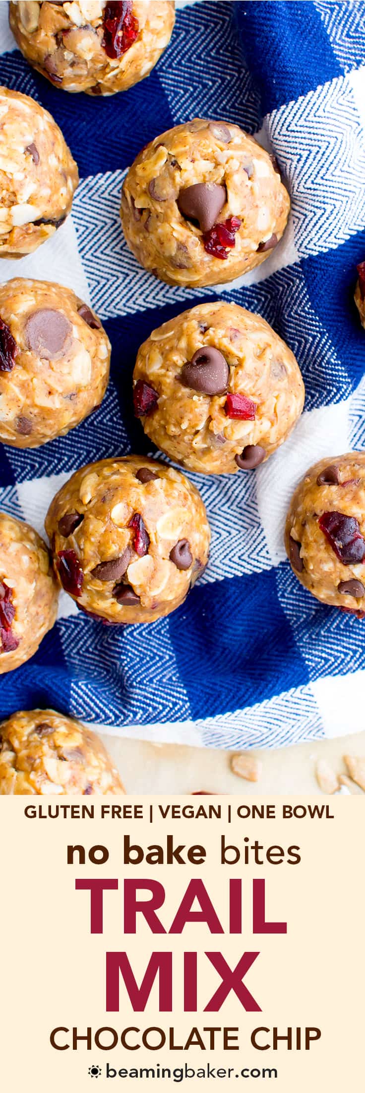 No Bake Chocolate Chip Trail Mix Energy Bites (V, GF, DF): a one bowl recipe for protein-packed energy bites bursting with whole ingredients. #Vegan #GlutenFree #DairyFree | BeamingBaker.com