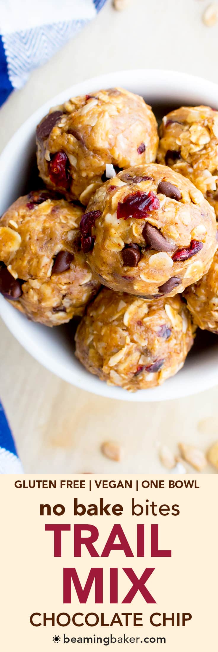 No Bake Chocolate Chip Trail Mix Energy Bites (V, GF, DF): a one bowl recipe for protein-packed energy bites bursting with whole ingredients. #Vegan #GlutenFree #DairyFree | BeamingBaker.com