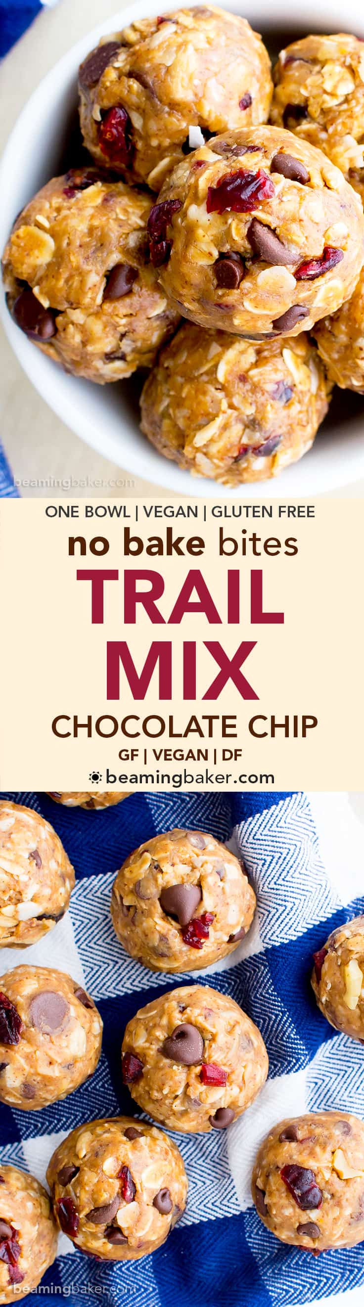 No Bake Chocolate Chip Trail Mix Energy Bites (V, GF, DF): a one bowl recipe for protein-packed energy bites bursting with whole ingredients. #Vegan #GlutenFree #DairyFree | BeamingBaker.com