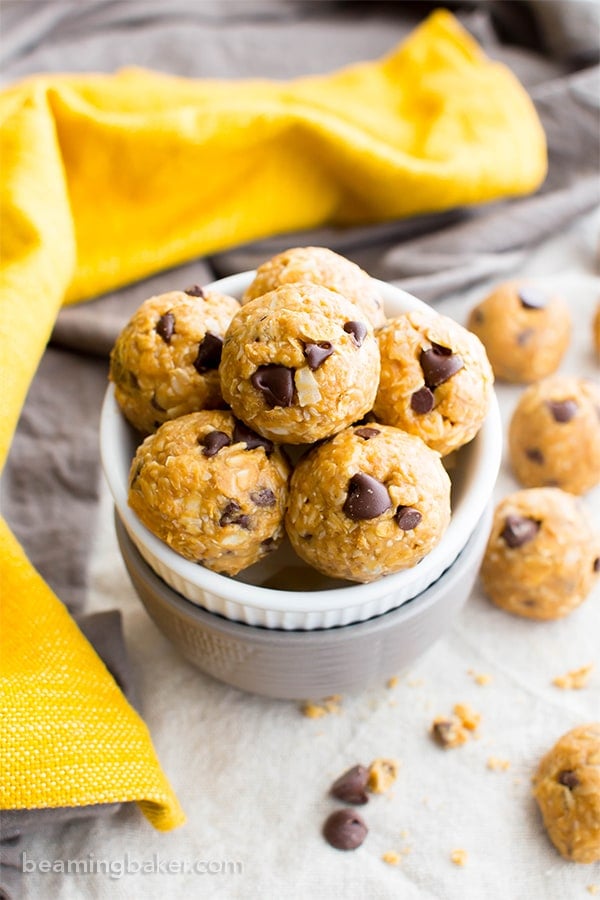 No Bake Peanut Butter Coconut Chocolate Chip Bites (V, GF, DF): a one bowl recipe for delicious protein-packed energy bites bursting with PB, chocolate and coconut! #Vegan #GlutenFree #DairyFree | BeamingBaker.com