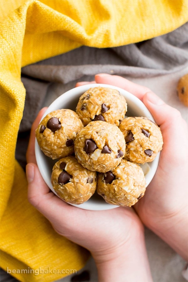 No Bake Peanut Butter Coconut Chocolate Chip Bites (V, GF, DF): a one bowl recipe for delicious protein-packed energy bites bursting with PB, chocolate and coconut! #Vegan #GlutenFree #DairyFree | BeamingBaker.com