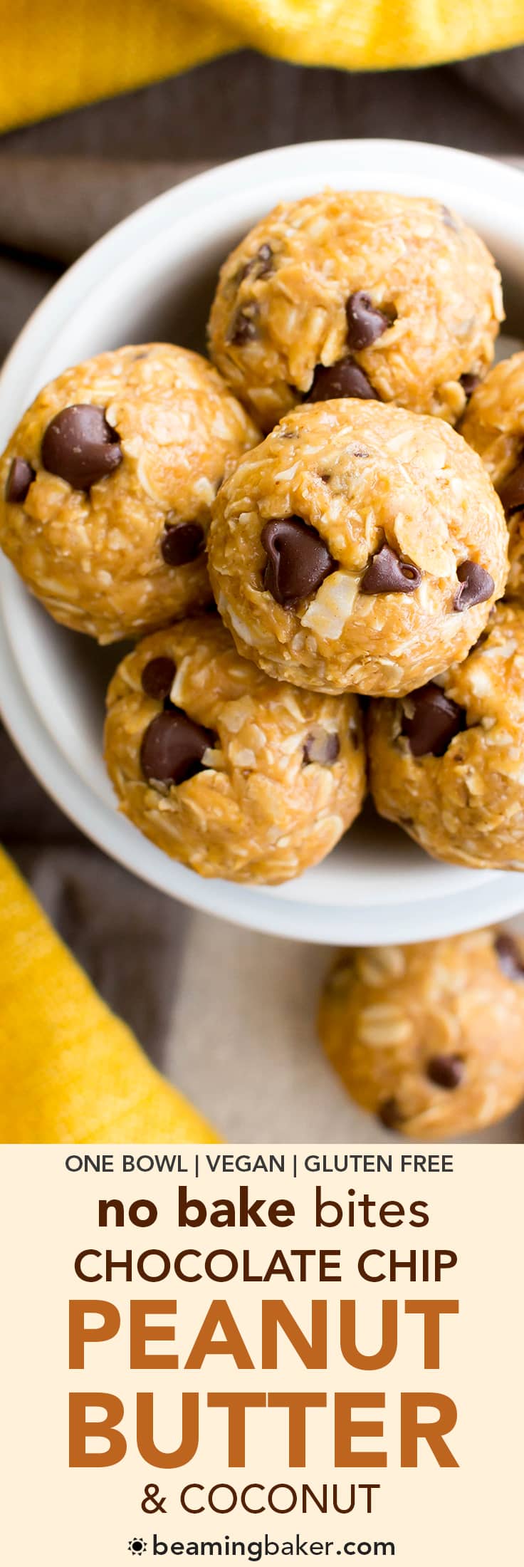 No Bake Peanut Butter Coconut Chocolate Chip Bites (V, GF, DF): a one bowl recipe for delicious protein-packed energy bites bursting with PB, chocolate and coconut! #Vegan #GlutenFree #DairyFree | BeamingBaker.com