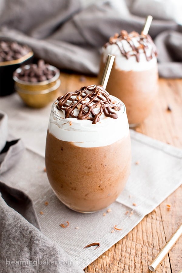 Paleo Mocha Frappe (V, GF, DF): a 4 ingredient recipe for deliciously thick, frosty mocha frappes made with simple ingredients. #Paleo #Vegan #GlutenFree #DairyFree | BeamingBaker.com