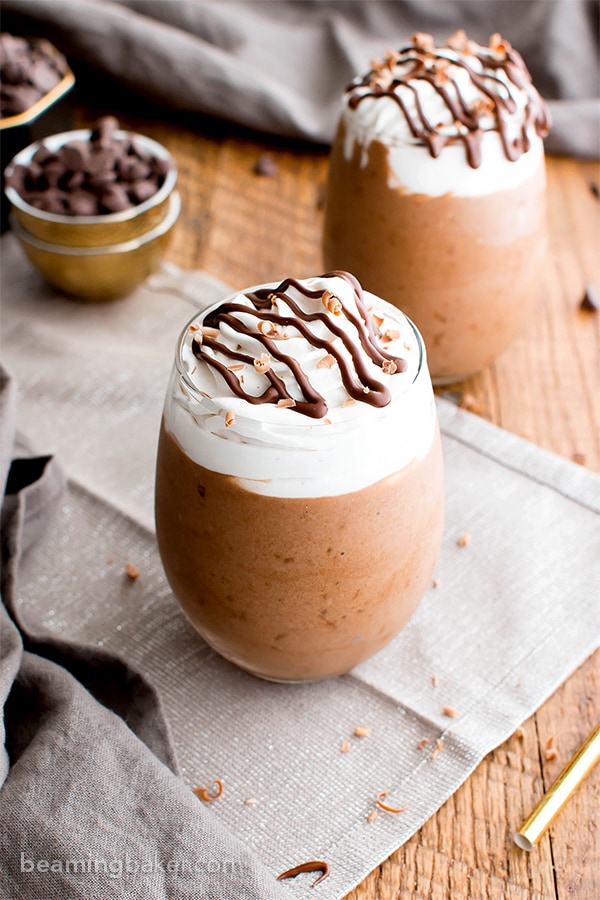 Paleo Mocha Frappe (V, GF, DF): a 4 ingredient recipe for deliciously thick, frosty mocha frappes made with simple ingredients. #Paleo #Vegan #GlutenFree #DairyFree | BeamingBaker.com