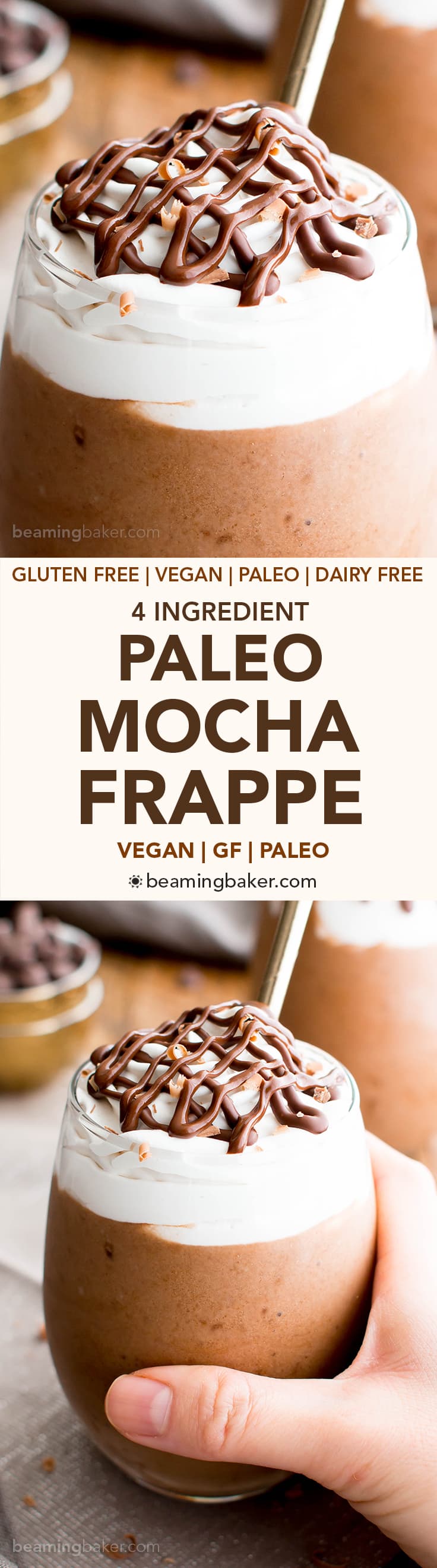 Paleo Mocha Frappe (V, GF, DF): a 4 ingredient recipe for deliciously thick, frosty mocha frappes made with simple ingredients. #Paleo #Vegan #GlutenFree #DairyFree | BeamingBaker.com