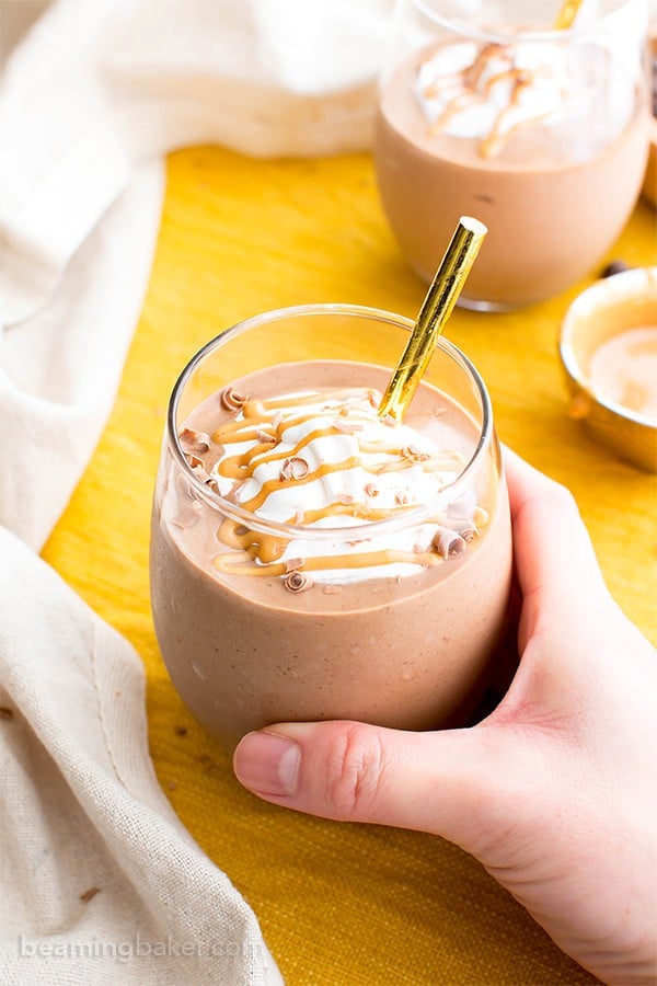 Peanut Butter Hot Chocolate Smoothie (V, GF, DF): a super thick & creamy protein-packed smoothie that tastes like hot chocolate in PB milkshake form. #Vegan #GlutenFree #ProteinPacked #DairyFree | BeamingBaker.com