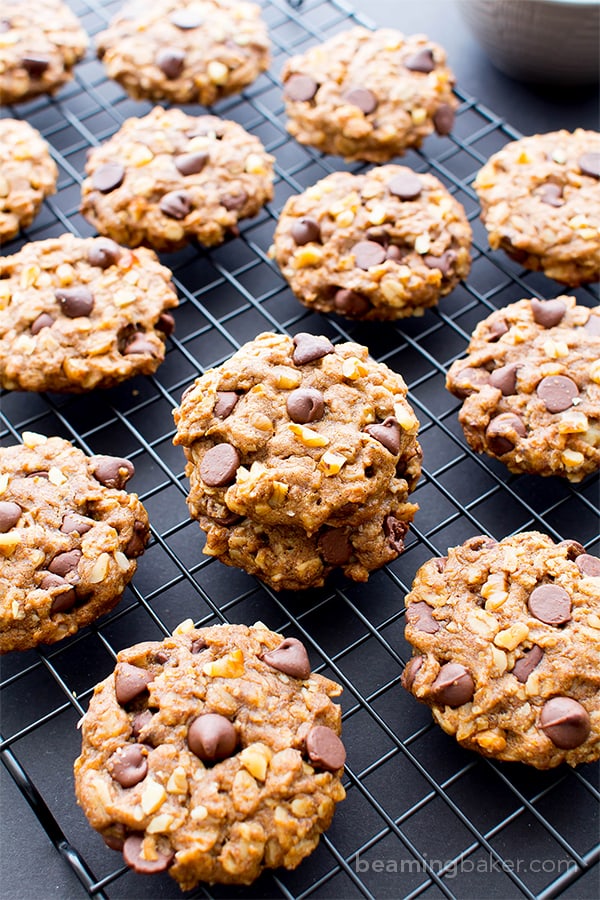 Vegan Almond Butter Chocolate Chip Walnut Oat Cookies (V, GF, DF): an easy recipe for chewy, crispy almond butter cookies deliciously made with whole ingredients. #Vegan #GlutenFree #OatFlour #DairyFree | BeamingBaker.com