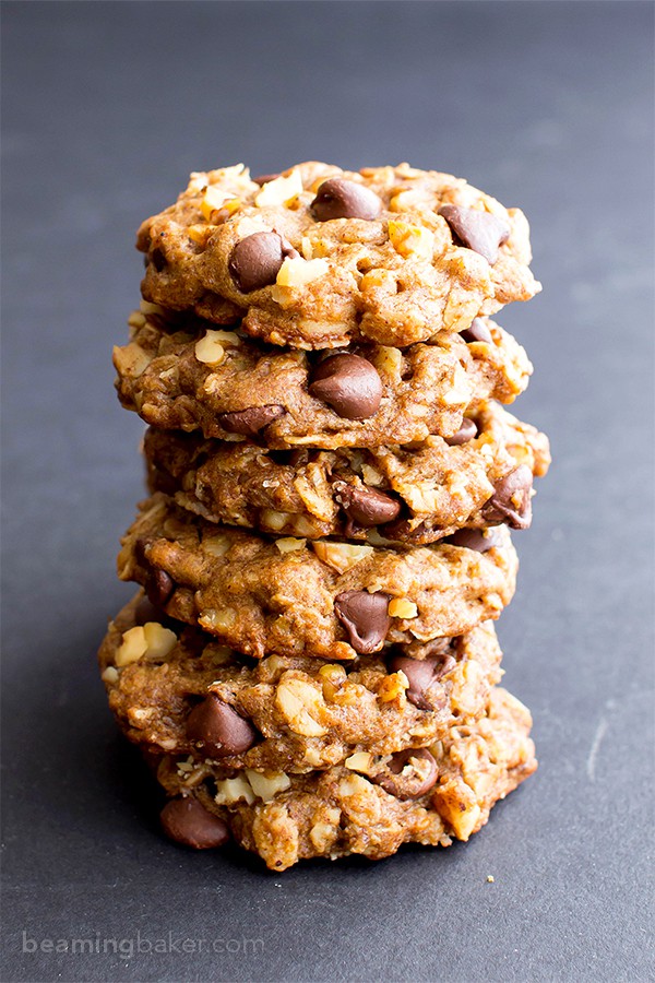 Vegan Almond Butter Chocolate Chip Walnut Oat Cookies (V, GF, DF): an easy recipe for chewy, crispy almond butter cookies deliciously made with whole ingredients. #Vegan #GlutenFree #OatFlour #DairyFree | BeamingBaker.com