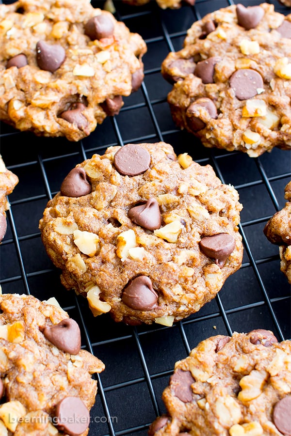 Vegan Almond Butter Chocolate Chip Walnut Oat Cookies (V, GF, DF): an easy recipe for chewy, crispy almond butter cookies deliciously made with whole ingredients. #Vegan #GlutenFree #OatFlour #DairyFree | BeamingBaker.com