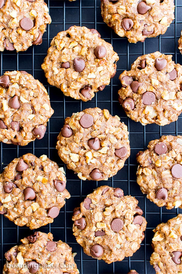 Vegan Almond Butter Chocolate Chip Walnut Oat Cookies (V, GF, DF): an easy recipe for chewy, crispy almond butter cookies deliciously made with whole ingredients. #Vegan #GlutenFree #OatFlour #DairyFree | BeamingBaker.com