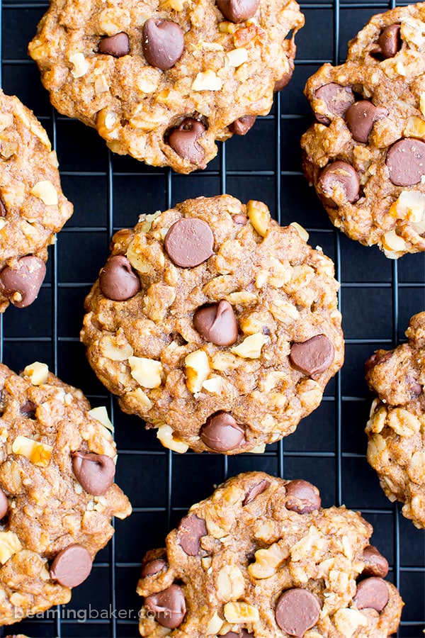 Vegan Almond Butter Chocolate Chip Walnut Oat Cookies (V, GF, DF): an easy recipe for chewy, crispy almond butter cookies deliciously made with whole ingredients. #Vegan #GlutenFree #OatFlour #DairyFree | BeamingBaker.com