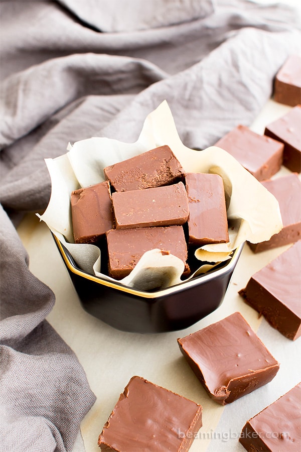 2 Ingredient Vegan Chocolate Peanut Butter Freezer Fudge (V, GF, DF): a super easy recipe for thick, decadent chocolate peanut butter fudge. #Vegan #GlutenFree #DairyFree | BeamingBaker.com