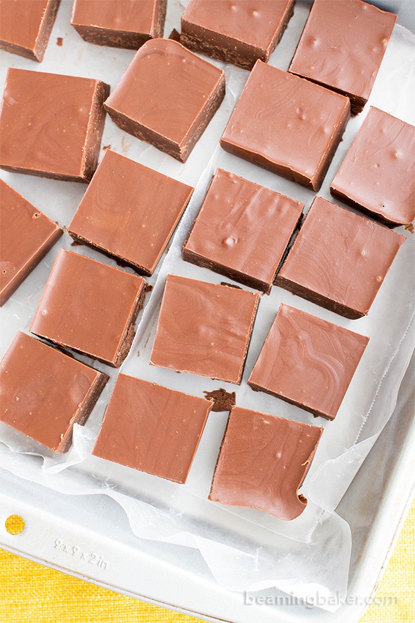 2 Ingredient Vegan Chocolate Peanut Butter Freezer Fudge (V, GF, DF): a super easy recipe for thick, decadent chocolate peanut butter fudge. #Vegan #GlutenFree #DairyFree | BeamingBaker.com