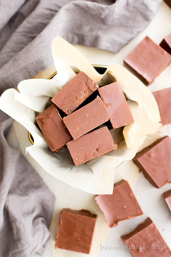 2 Ingredient Vegan Chocolate Peanut Butter Freezer Fudge (V, GF, DF): a super easy recipe for thick, decadent chocolate peanut butter fudge. #Vegan #GlutenFree #DairyFree | BeamingBaker.com