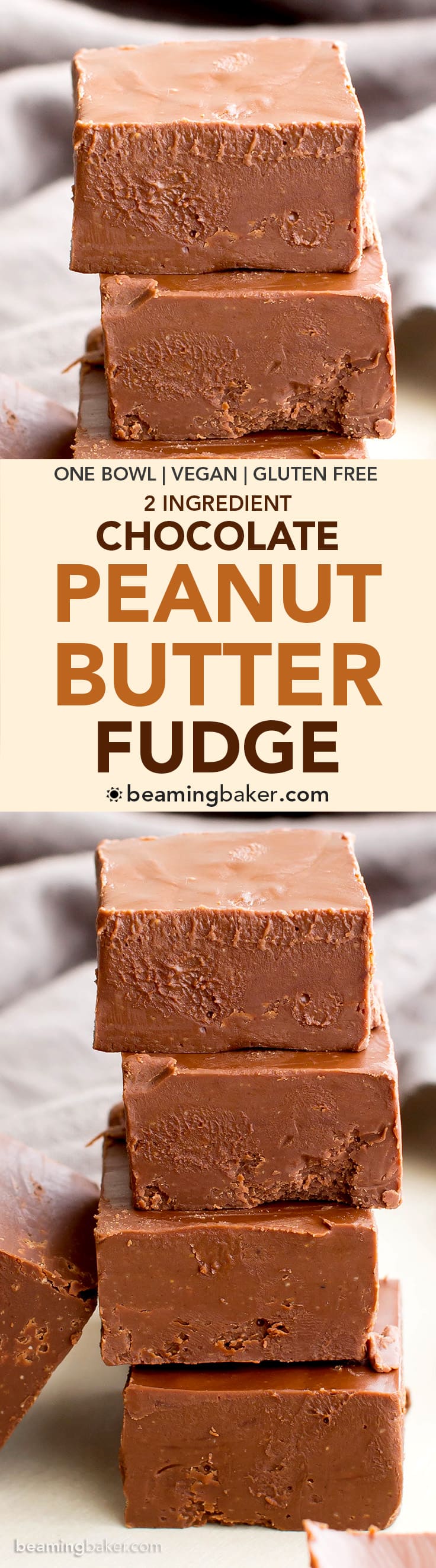 2 Ingredient Vegan Chocolate Peanut Butter Freezer Fudge (V, GF, DF): a super easy recipe for thick, decadent chocolate peanut butter fudge. #Vegan #GlutenFree #DairyFree | BeamingBaker.com