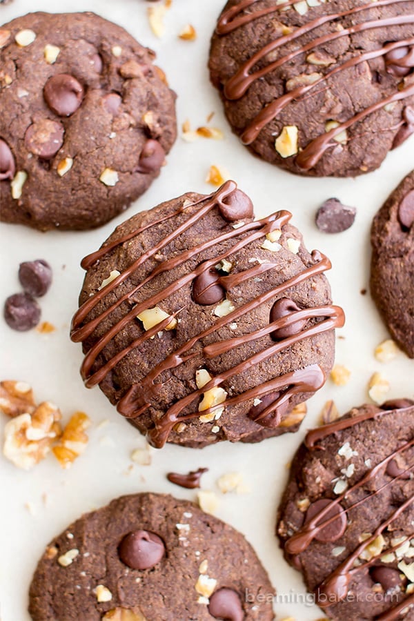 Drizzled Chocolate Walnut Oat Flour Cookies (V, GF, DF): an easy recipe for decadent, double chocolate oat flour cookies soft-baked to perfection. #Vegan #GlutenFree #DairyFree | BeamingBaker.com